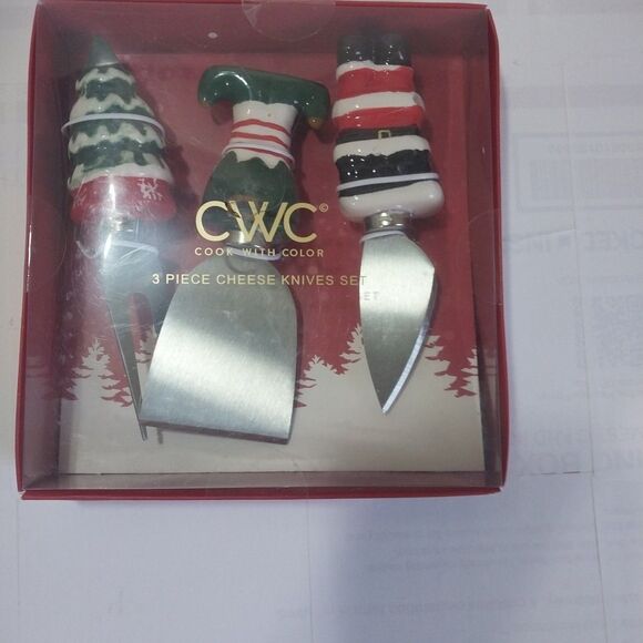 Cook With Color Holiday 3 Piece Cheese Knife Spreader Christmas Santa Elf Tree - Picture 1 of 2